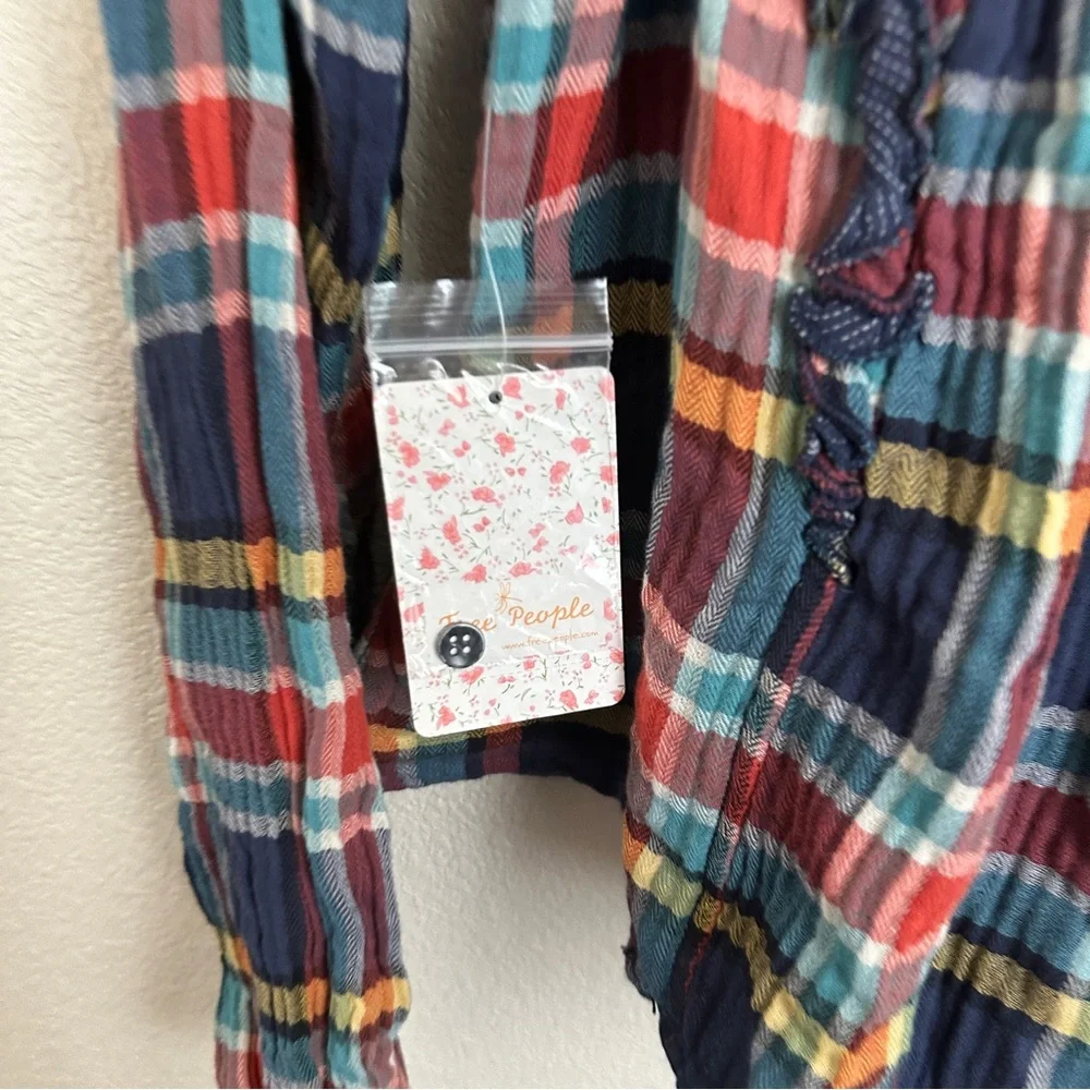 Free People Navy Sienna Plaid Long Sleeve Top‎ Sz Medium